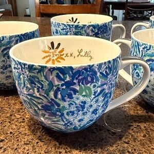 5 Lily Pulitzer 12 Ounce Blue Ceramic Coffee Mug or Tea Cup with Gold Handle